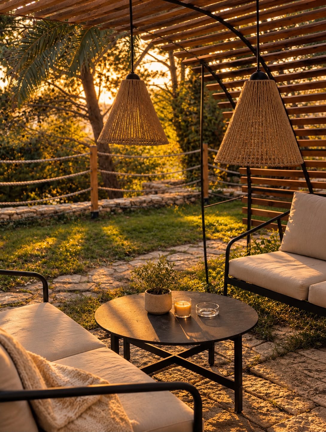 Salon de jardin sous la pergola au coucher du soleil