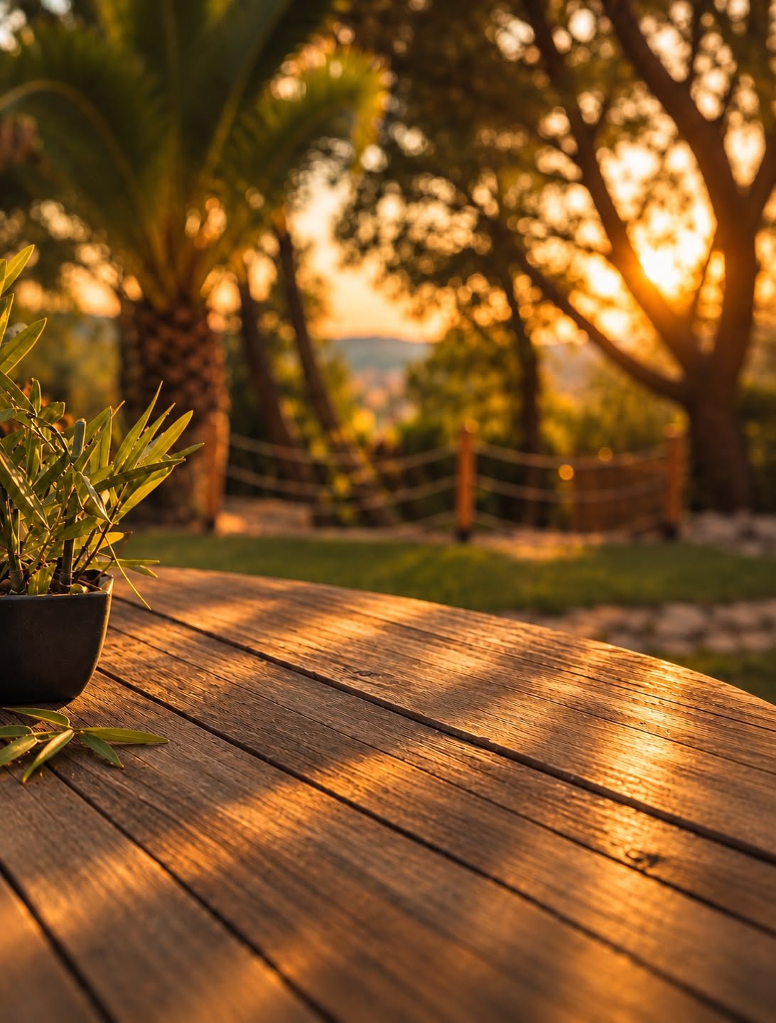 Table en bois face au jardin au coucher du soleil